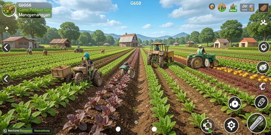 Tampilan gameplay G668 yang menampilkan aktivitas berkebun dan merawat hewan.