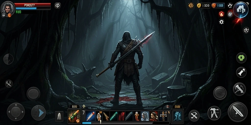 Screenshot POROS77 menampilkan aksi menegangkan di lingkungan yang mencekam.