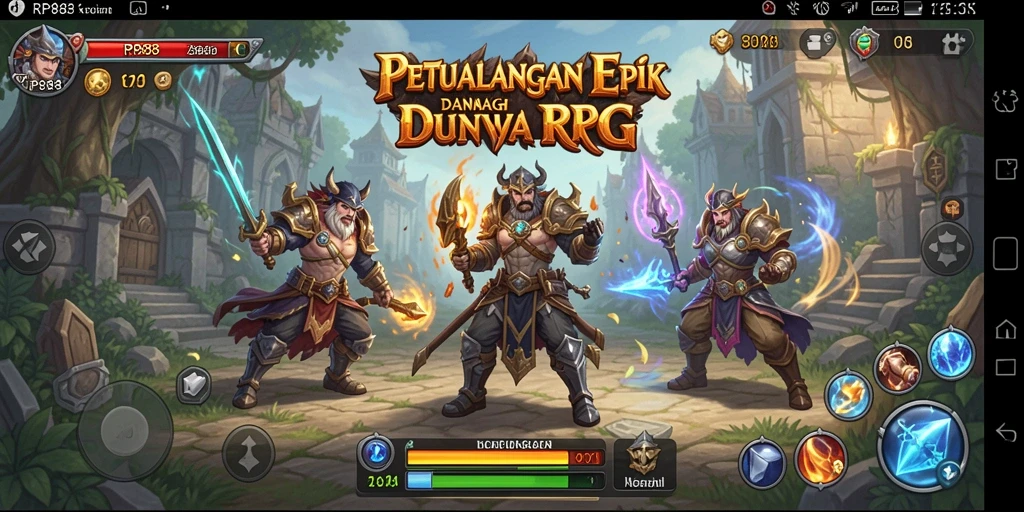 Screenshot menunjukkan karakter dalam pertempuran epik RPG.