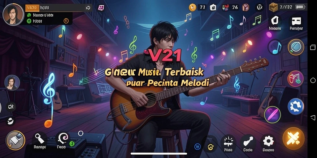 Tampilan gameplay V21 menunjukkan interaksi seru dengan musik.