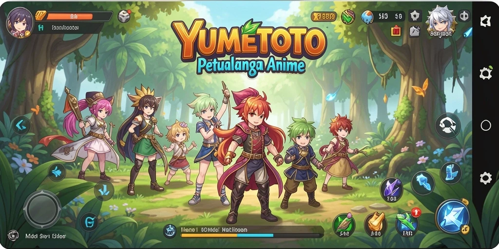 Screenshot gameplay YUMETOTO yang penuh aksi dan karakter anime.