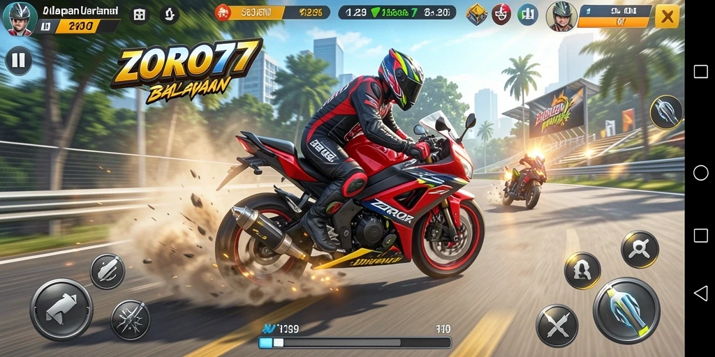 Gameplay seru ZORO77 dengan balapan motor yang mendebarkan.